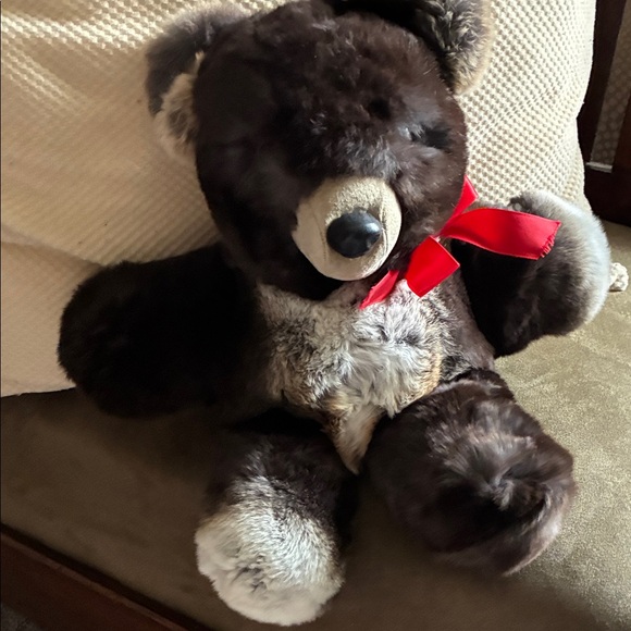 Plush Teddy Bear with Red Bow made of Rabbit Fur